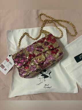 Fashion Sequined Floral Quilted Medium Classic Leather Flap Bag With Gold Chain
